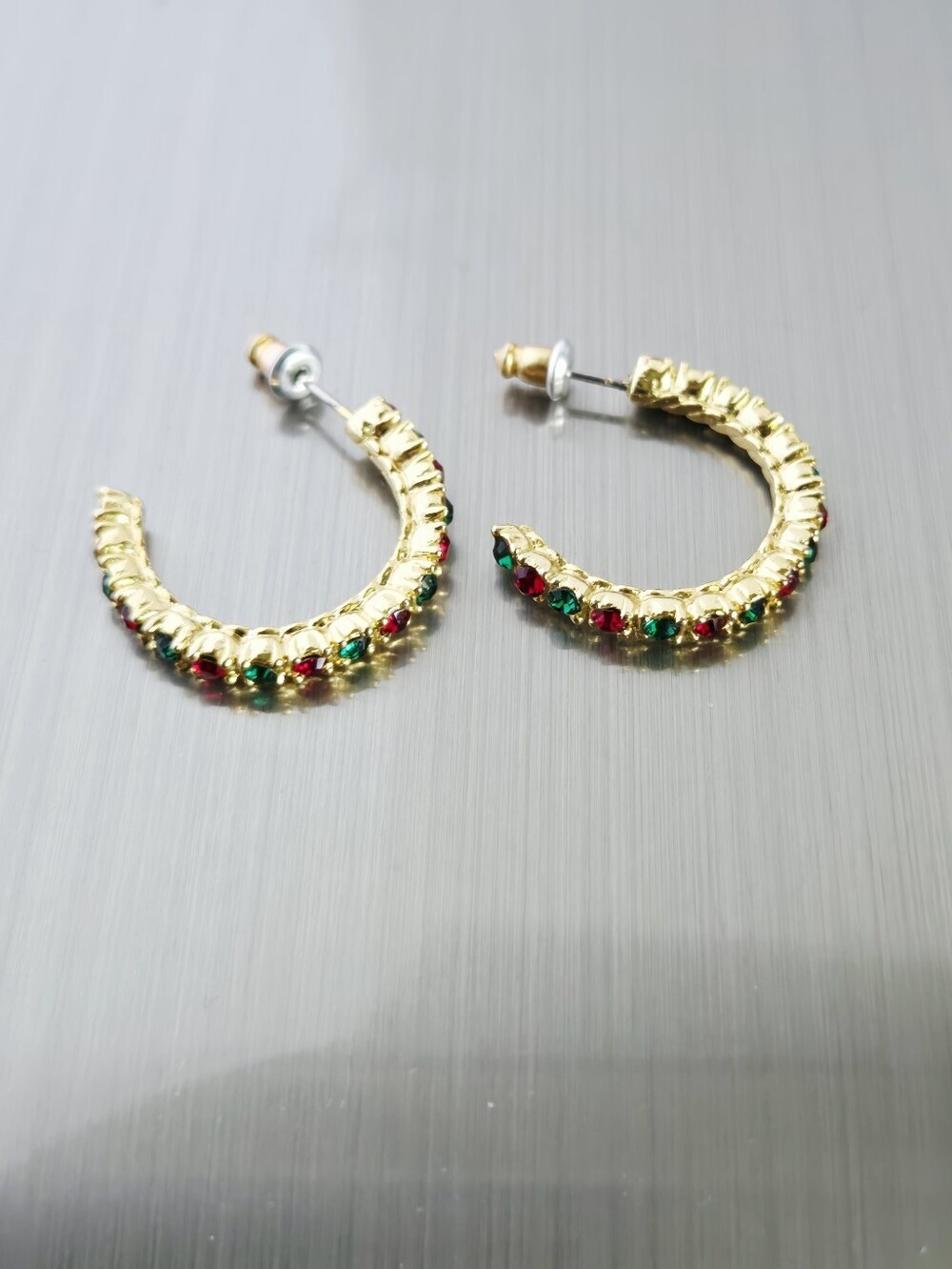 Vintage Gold Tone Hoop Earrings with Red and Green Stones - Picture 5 of 16